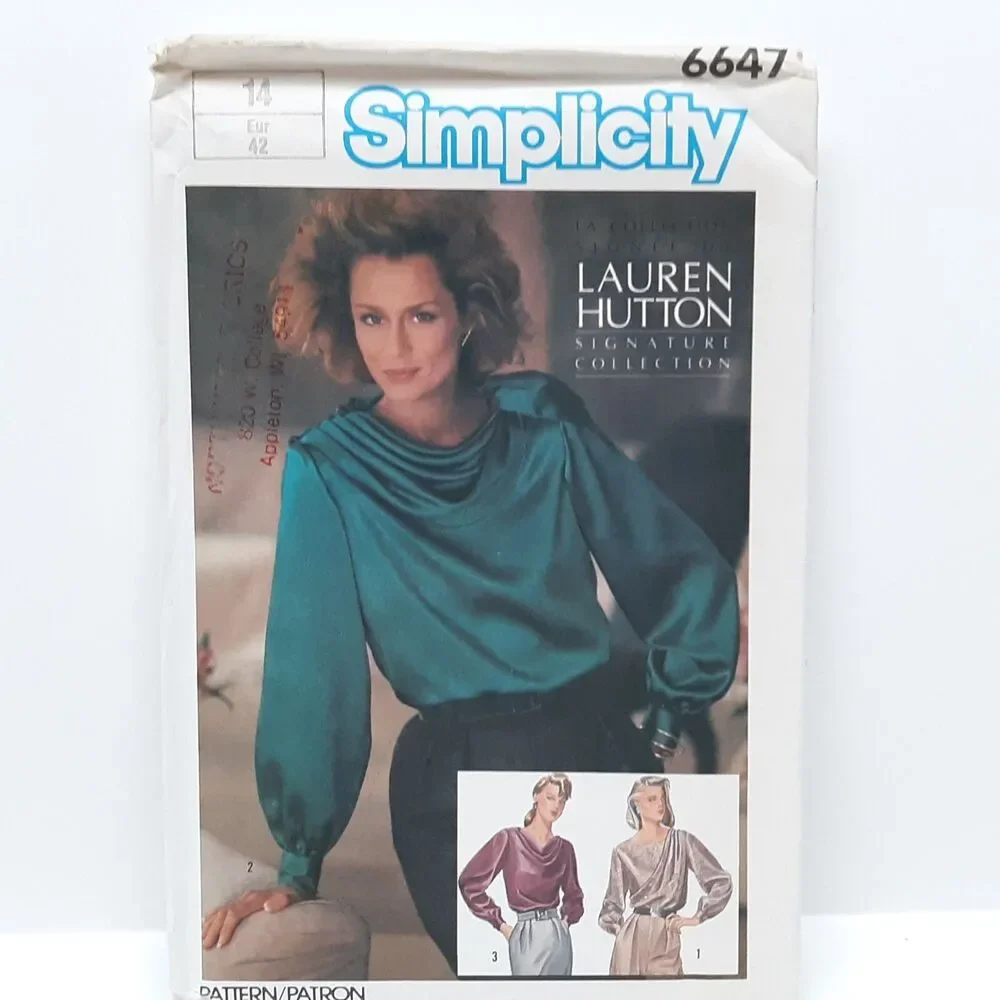 NEW Vintage Simplicity Sewing Pattern 6647 Lauren Hutton Draped Blouse Shirt 14